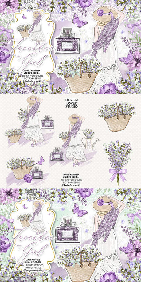 紫色薰衣草女孩水彩剪贴画设计素材 Lavender Girl design - 源文件