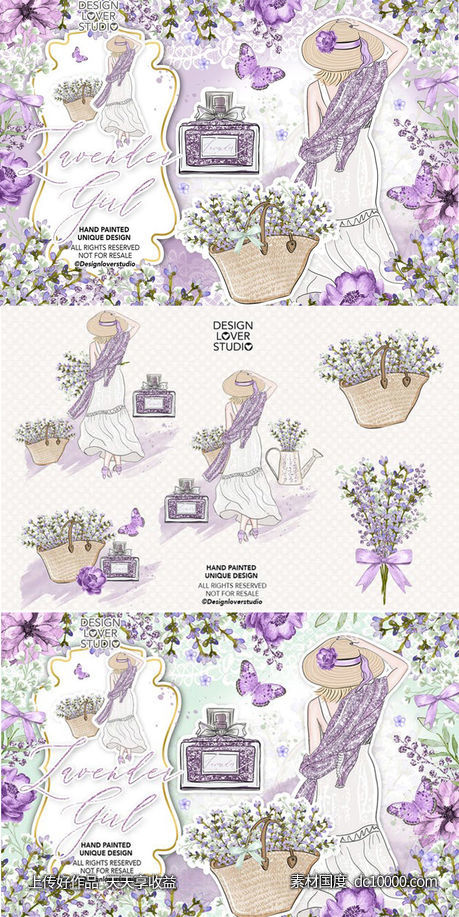 紫色薰衣草女孩水彩剪贴画设计素材 Lavender Girl design-源文件-素材国度dc10000.com