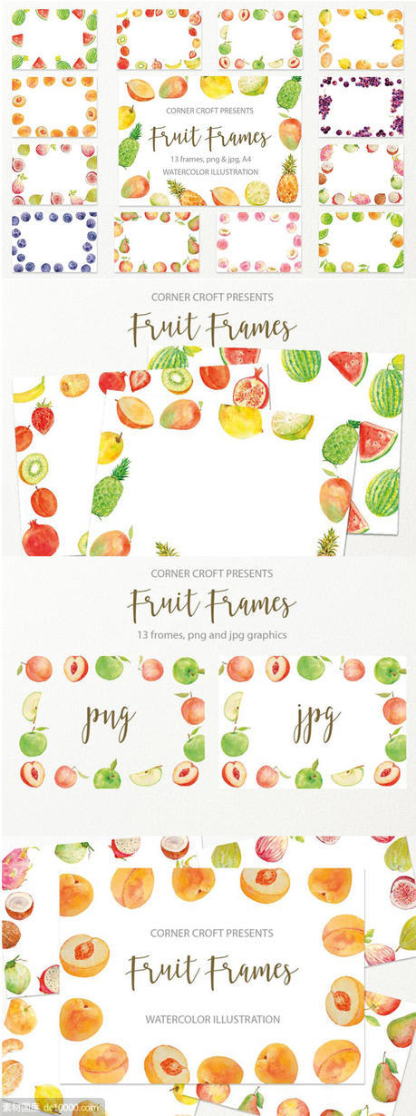 水果水彩手绘装饰框架插图素材 Watercolor fruit frame - 源文件