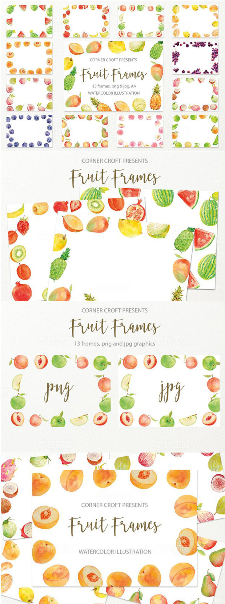 水果水彩手绘装饰框架插图素材 Watercolor fruit frame