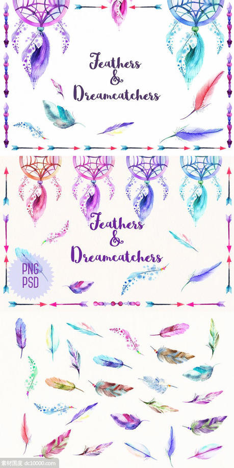 羽毛追梦者元素水彩插画合集 Watercolor Feathers  Dreamcatchers - 源文件