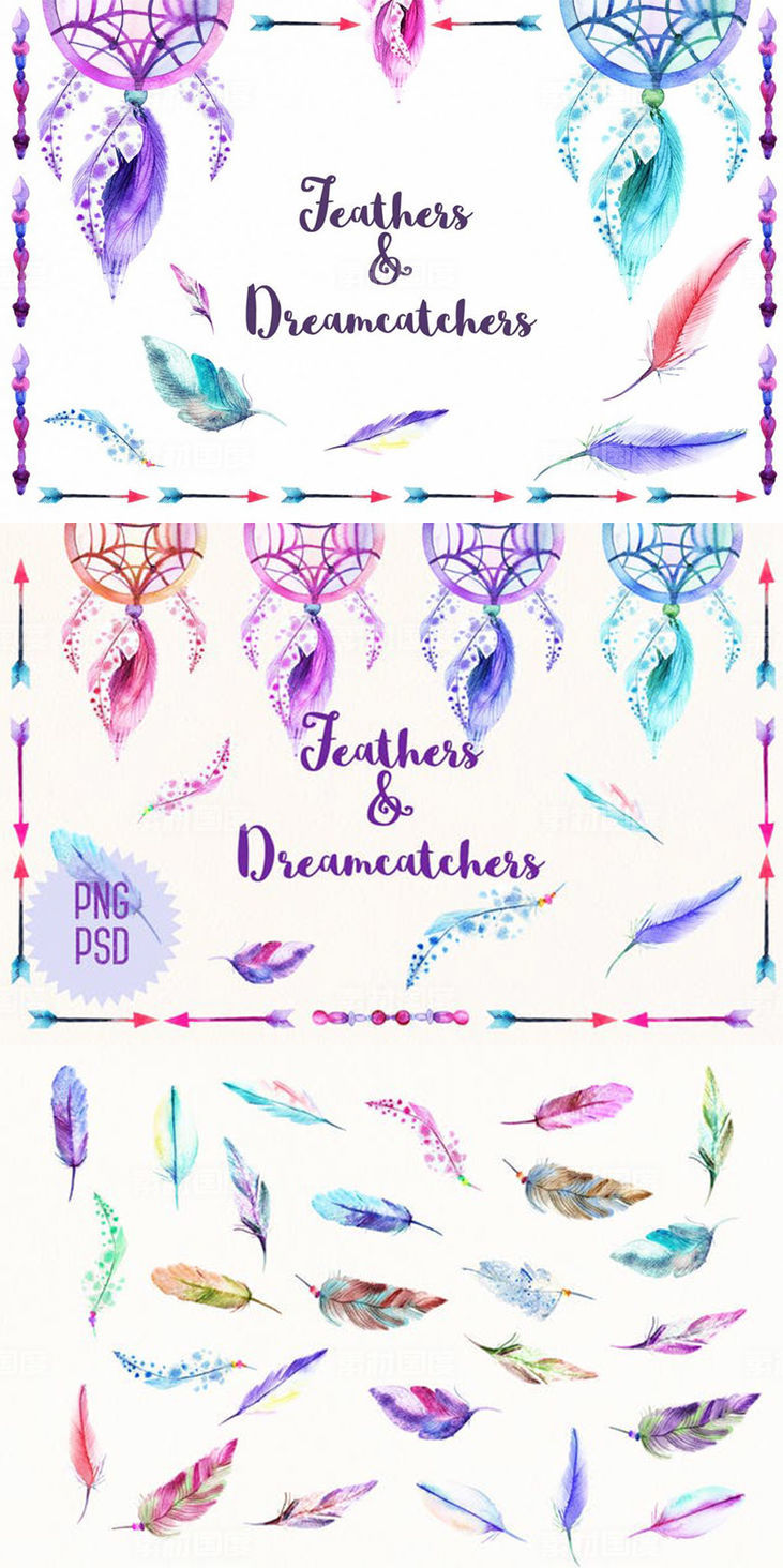 羽毛追梦者元素水彩插画合集 Watercolor Feathers  Dreamcatchers