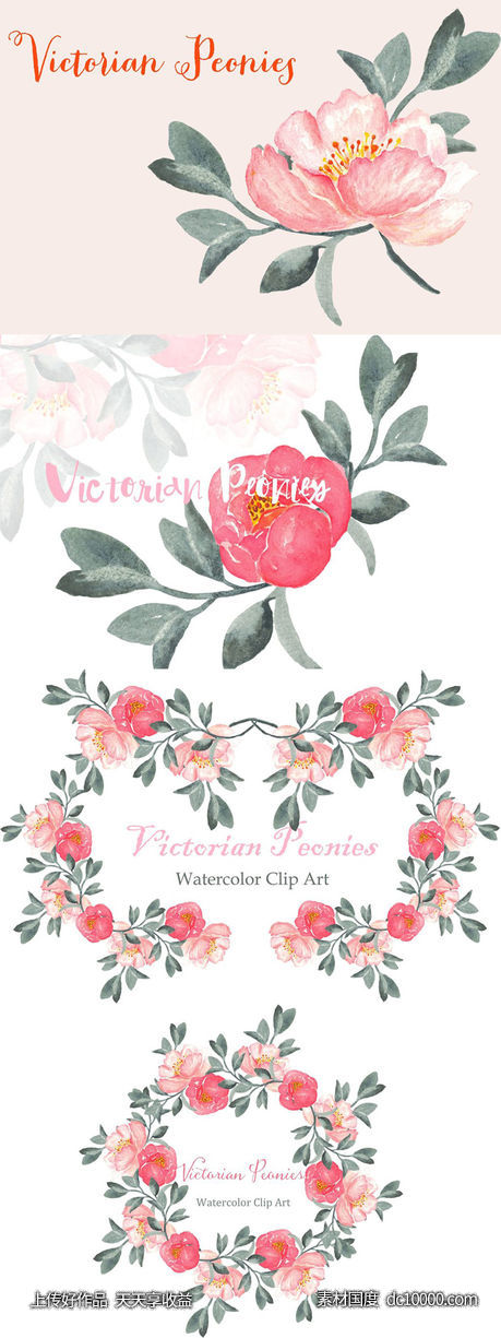 维多利亚时代水彩艺术牡丹剪贴画素材 Peony Victorian Watercolor Clipart-源文件-素材国度dc10000.com