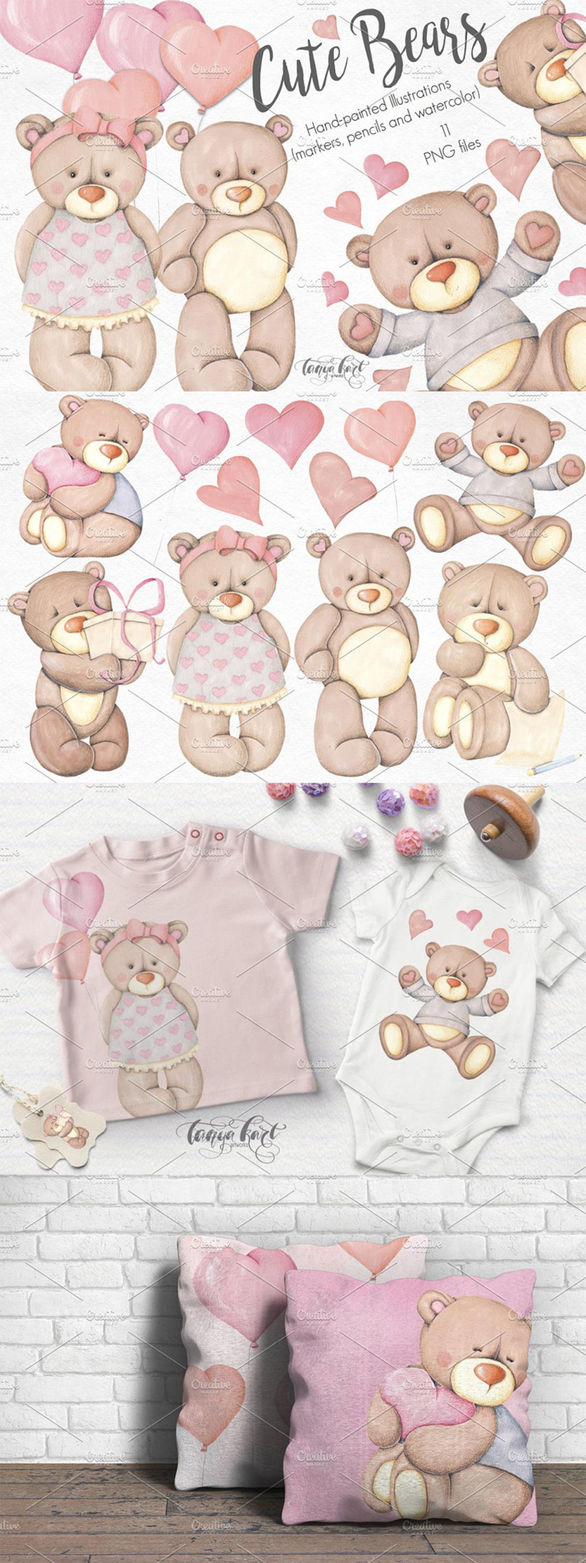 可爱小熊手绘插画素材 Bears Hand-painted illustrations