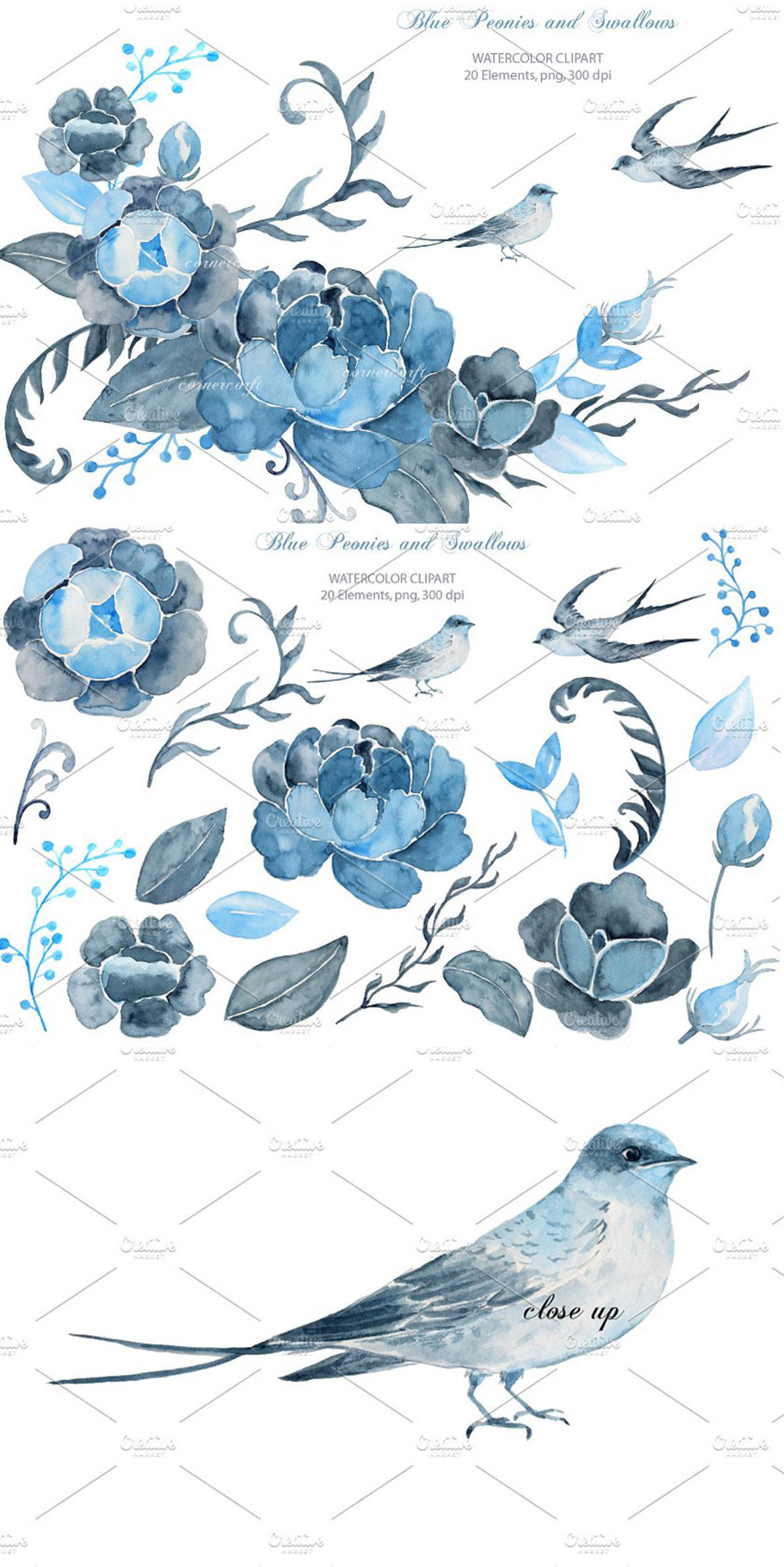中国风艺术花卉水彩装饰剪贴画 Wedding Clipart Blue Peony Swallows