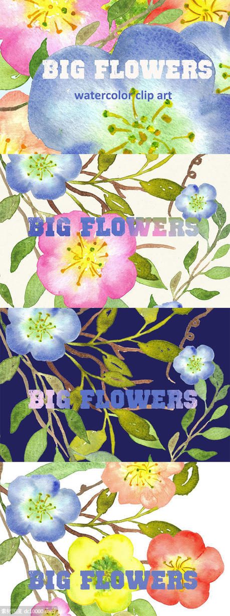 水彩手绘花卉艺术剪贴画设计素材 Big Flowers watercolor clipart - 源文件