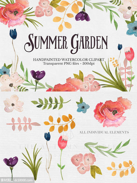 水彩手绘花园设计花卉插画 Watercolor Flower Clipart Set - 源文件