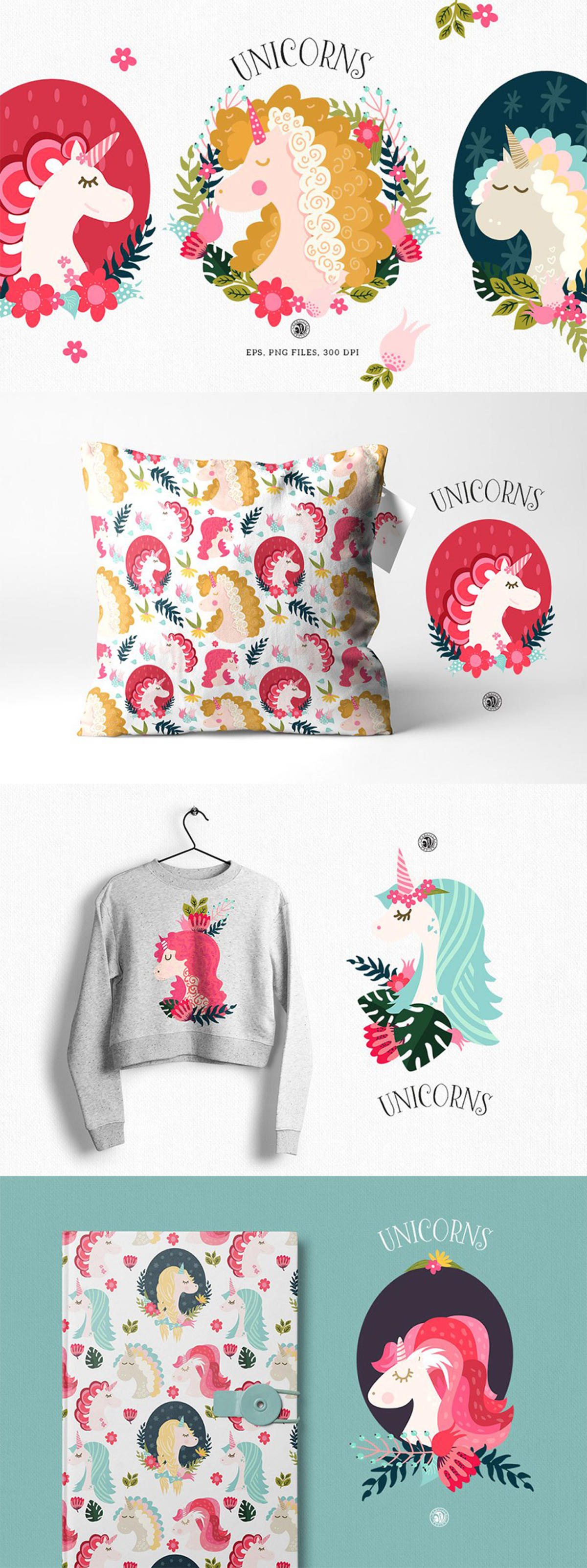 手绘矢量女性化独角兽剪贴插画 Unicorns ndash cliparts and patterns