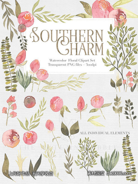 水彩手绘粉色调搭配花卉剪贴画 Southern Charm Floral Clipart Set - 源文件