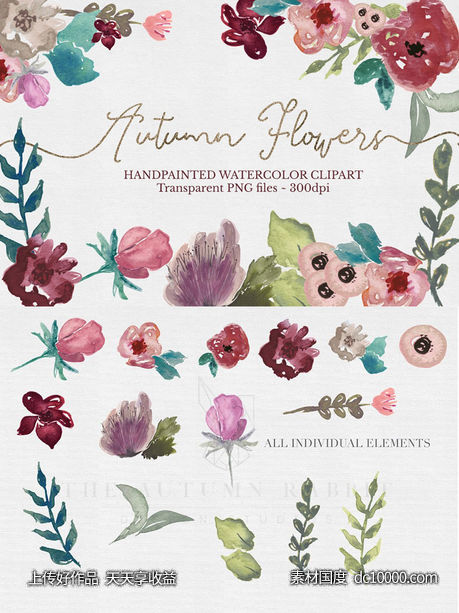 手绘水彩花卉树叶图案 Floral Watercolor Clipart Set-源文件-素材国度dc10000.com