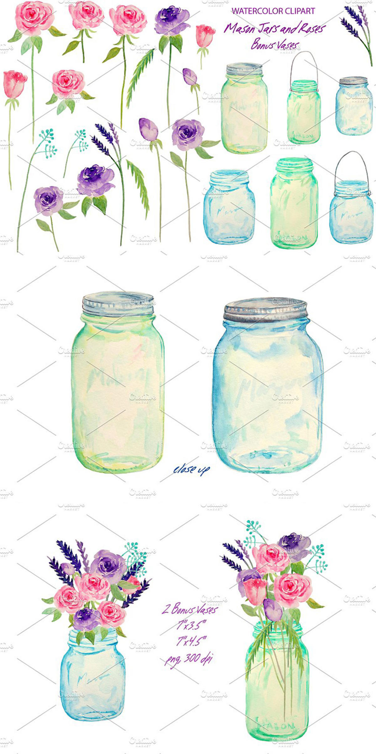 粉紫色玫瑰剪贴画DIY请柬贺卡素材 Watercolor Wedding Mason Jars Roses