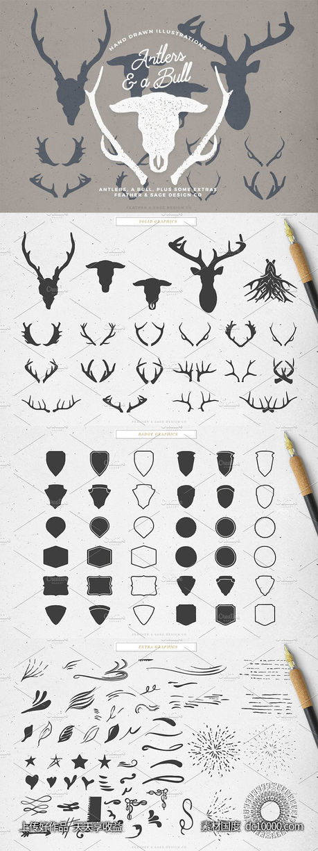 鹿角公牛手绘矢量插图 Antlers a Bull Vector Graphics - 源文件