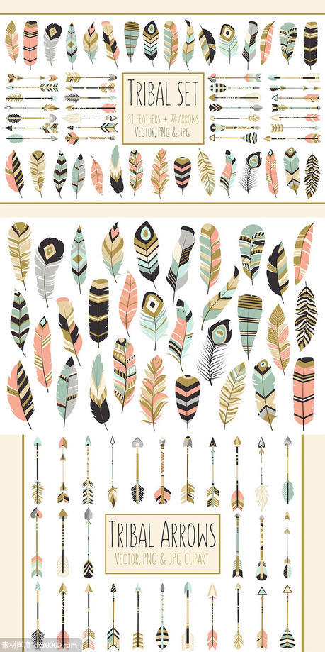 59个美丽的部落箭头艺术羽毛剪贴画 59 Arrows  Feathers Tribal Clipart - 源文件