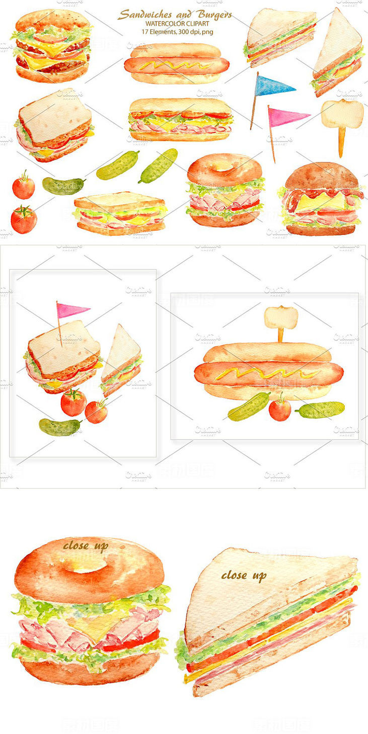 手绘水彩三明治汉堡剪贴画 Watercolor Sandwich Burger Hotdog