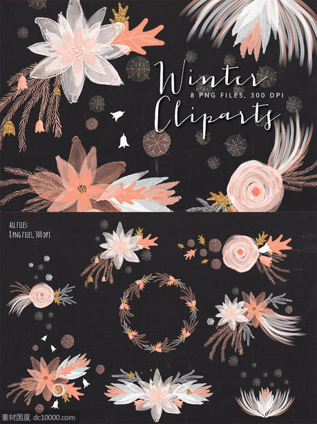 冬季花卉艺术剪贴画合集 Winter Floral Cliparts - 源文件