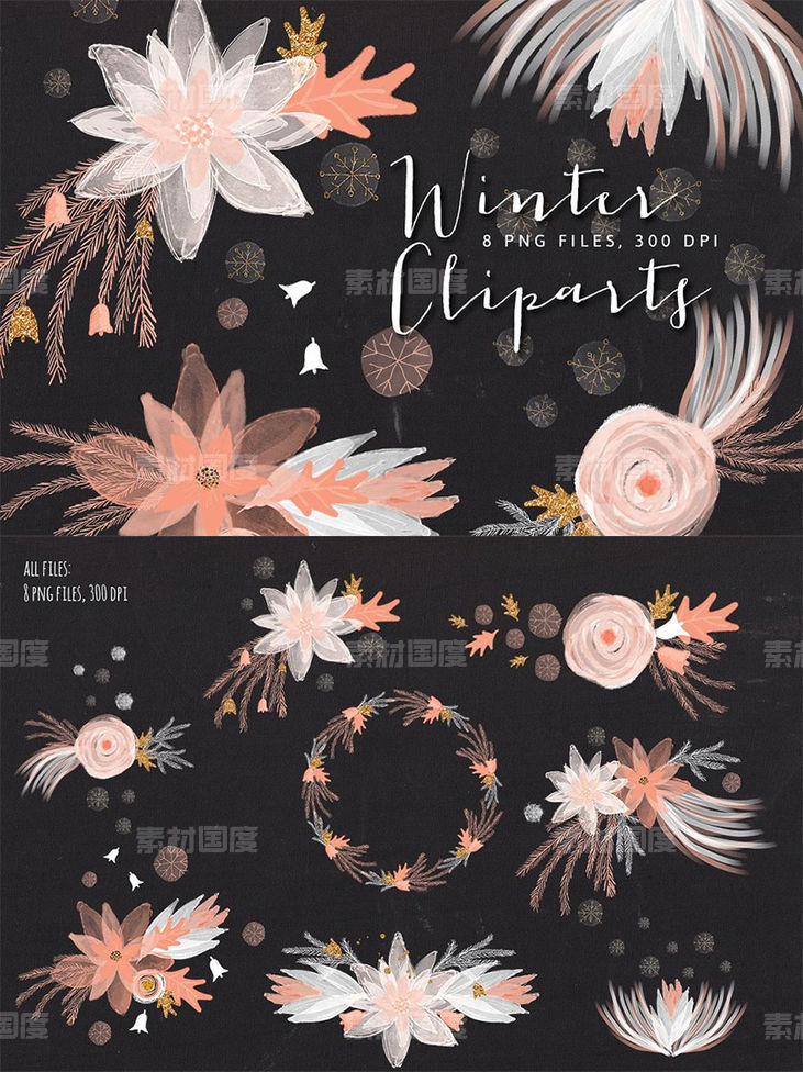 冬季花卉艺术剪贴画合集 Winter Floral Cliparts