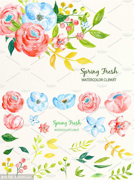春季新鲜蓝粉色系水彩花卉插画 Watercolor Clipart Spring Fresh - 源文件