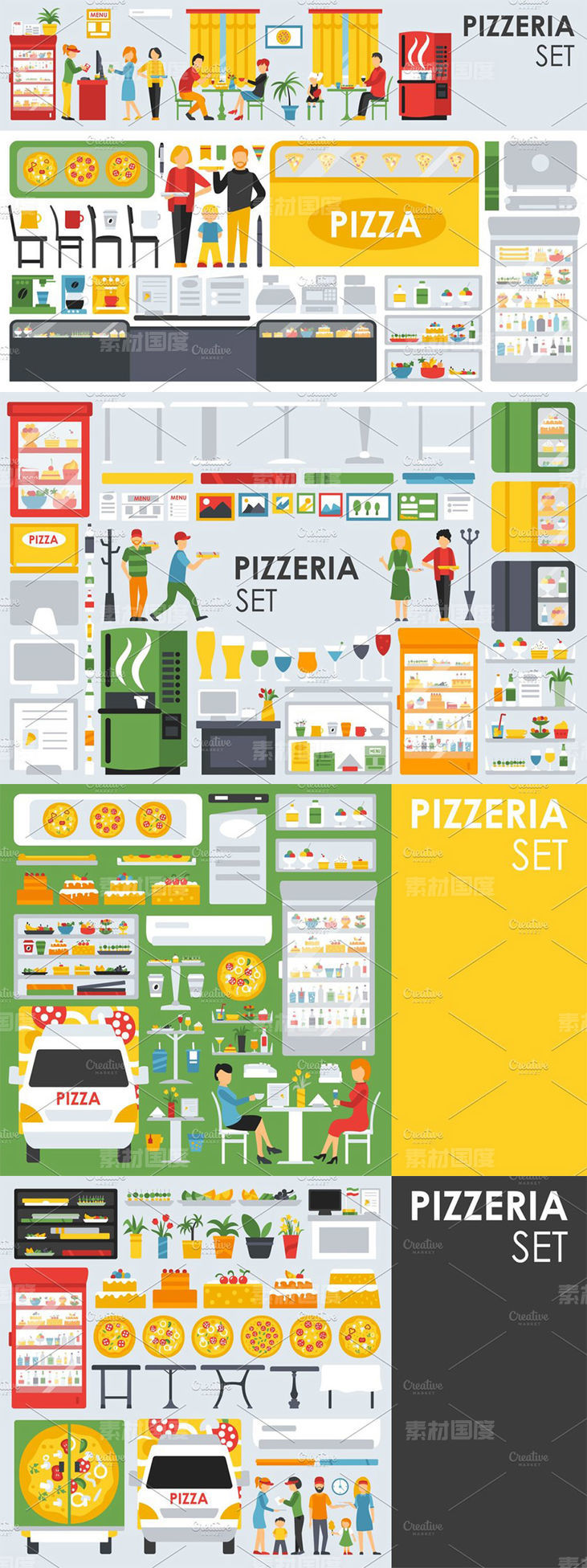 披萨店扁平设计风格设计元素 Pizzeria Flat Objects 9 collections