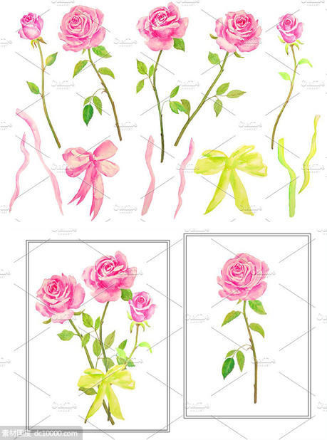 经典粉色花型玫瑰剪贴画 Watercolor Pink Roses - 源文件