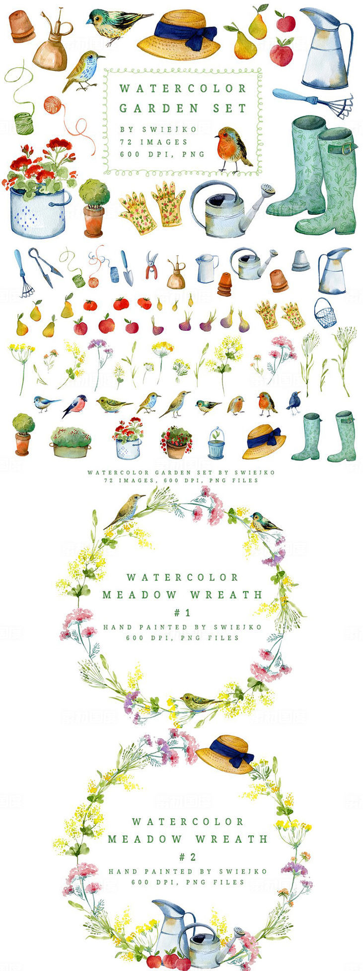 水彩花园元素插画设计套装 Watercolor Gardener Set