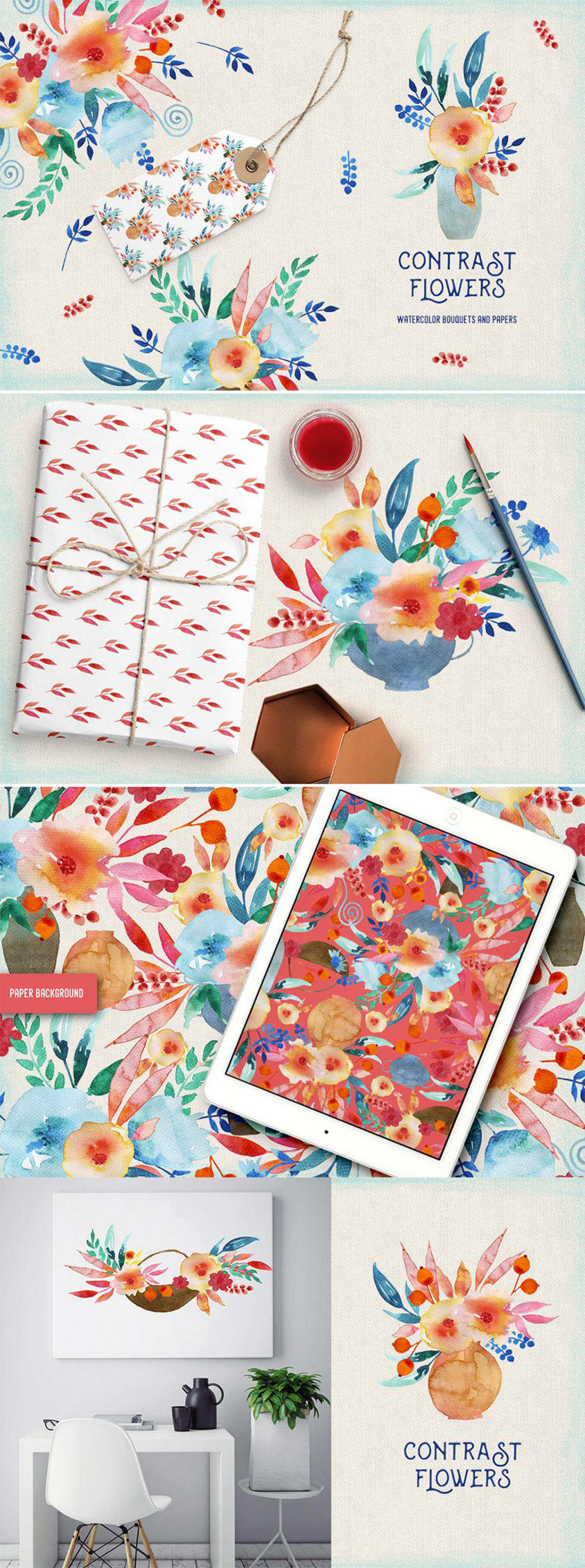 民族风水彩铺满样式花卉剪贴画 Contrast Flowers