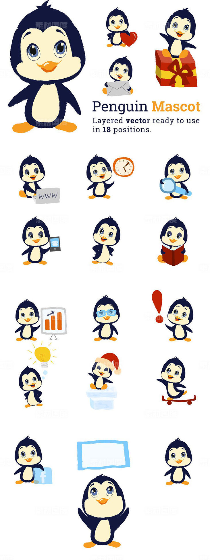 可爱企鹅吉祥物手绘插画设计 Penguin Mascot