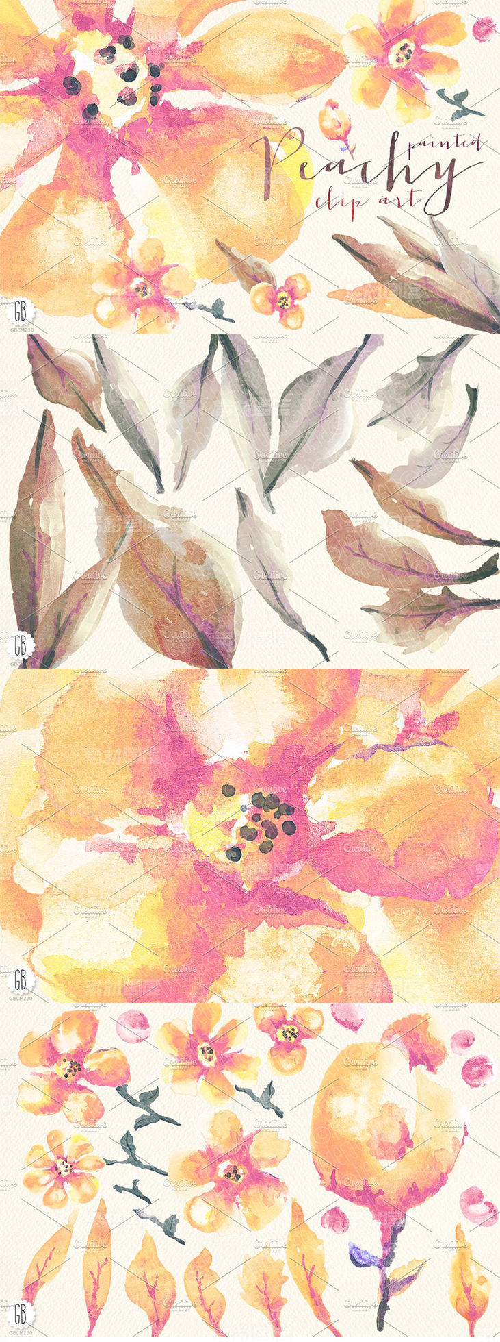 手绘逼真水彩桃花图像花卉设计插画 Aquarelle peach flowers clip art