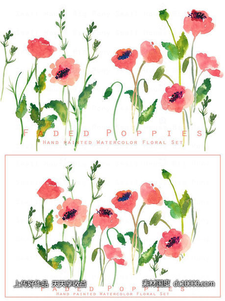 优雅水彩手绘罂粟花矢量插画 Faded Poppies-Watercolor Clip Art-源文件-素材国度dc10000.com