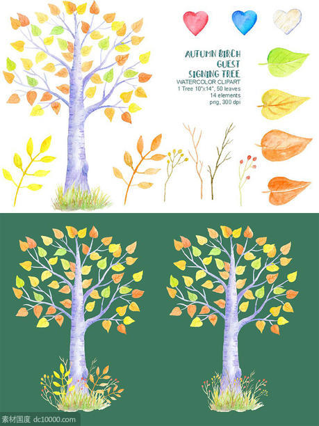 水彩秋季桦木客人签名树插画 Autumn Birch Guest Signing Tree - 源文件
