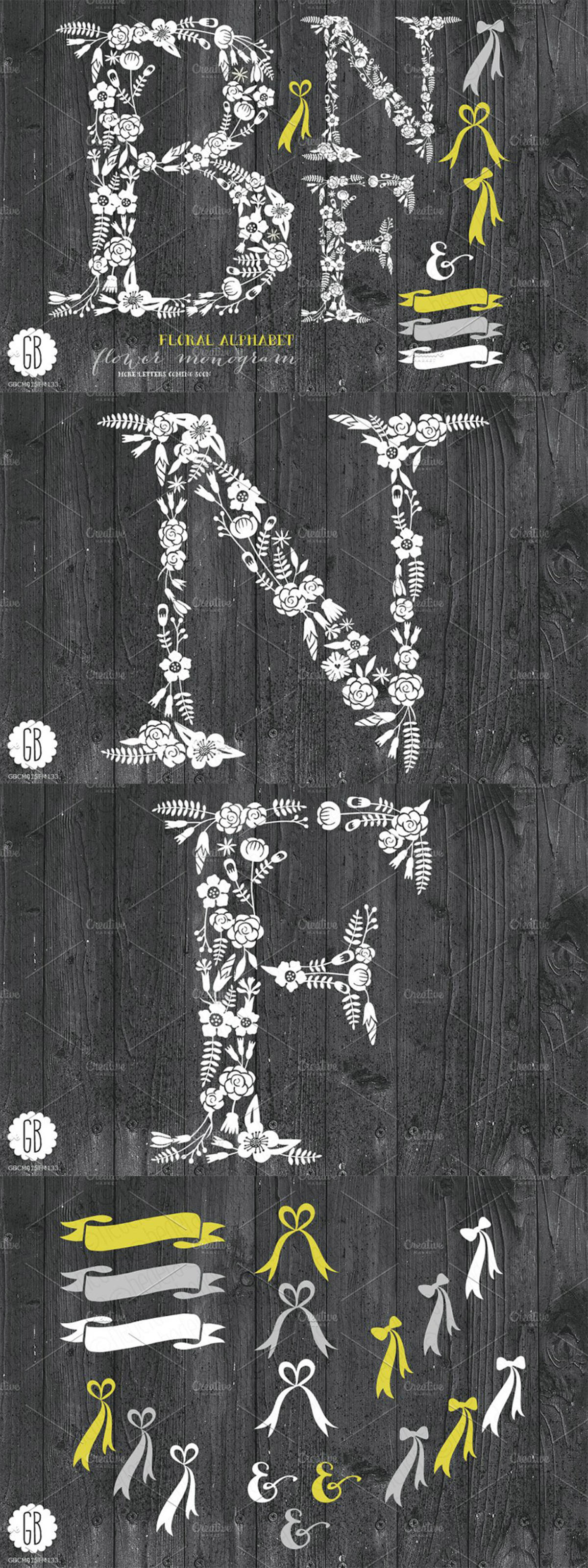 花体英文字母插画素材 Floral letters, rustic, white BNF