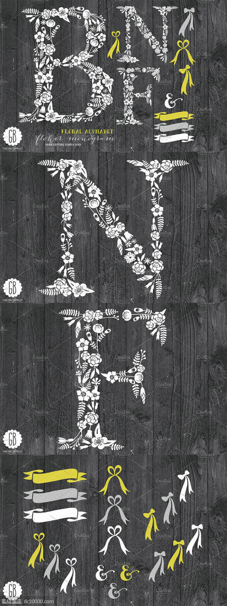 花体英文字母插画素材 Floral letters, rustic, white BNF - 源文件