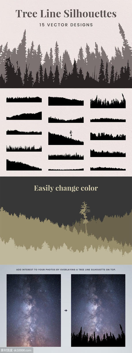 矢量森林树木线条轮廓插画 Vector Tree Line Silhouettes - 源文件