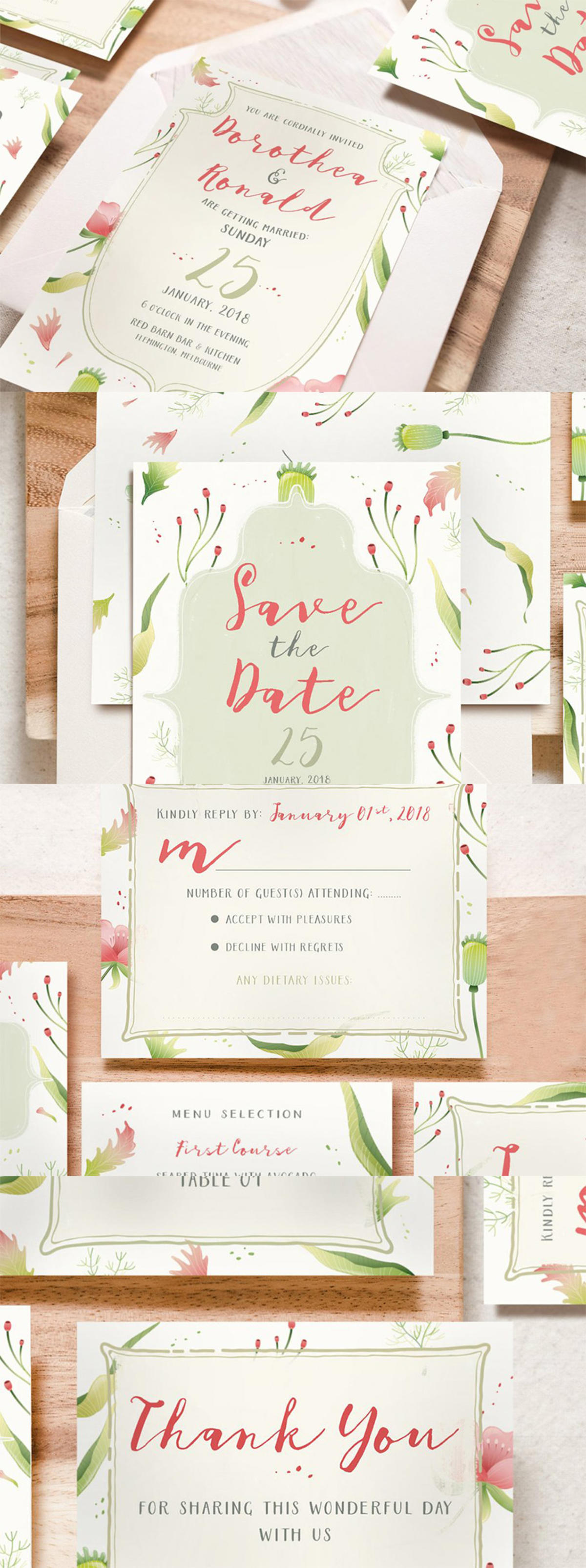 可爱而甜美的树叶插图婚礼请柬设计模板 Foliage Illustration Wedding Suite