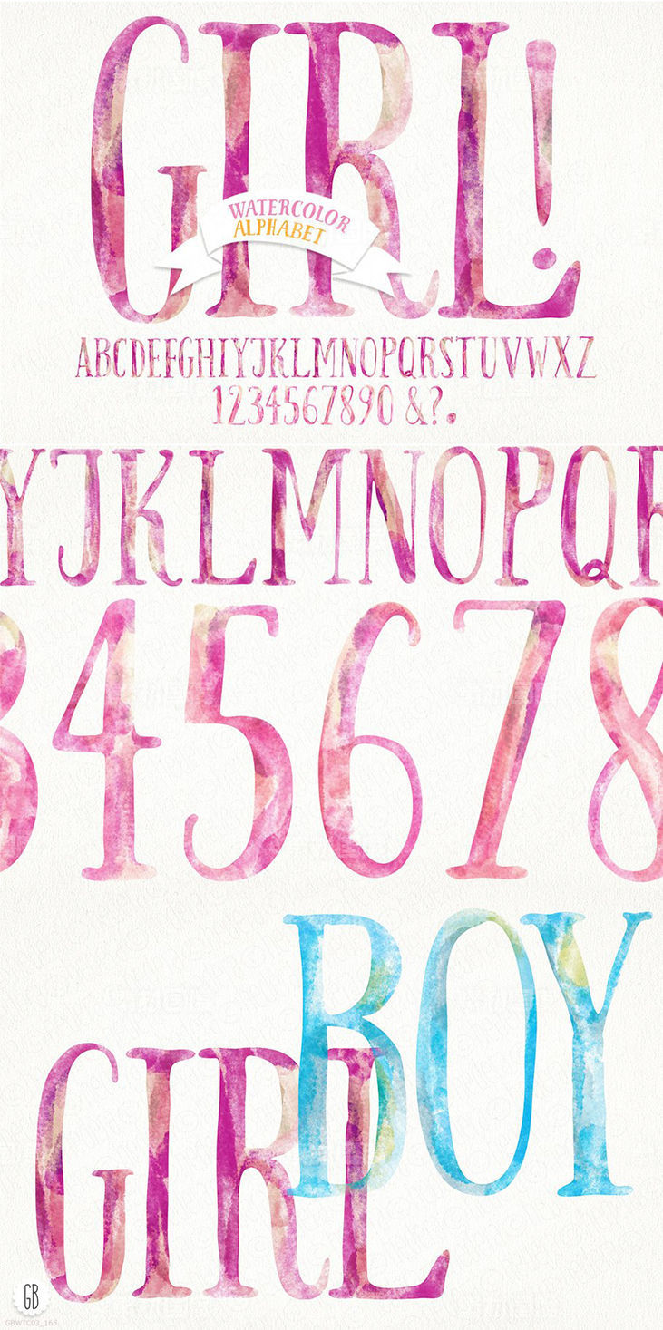 可爱少女色彩风格水彩字母素材 Watercolor baby girl alphabet
