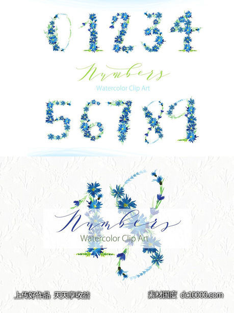 浪漫乡村手绘蓝色矢车菊数字水彩画 Cornflower number watercolor clipart-源文件-素材国度dc10000.com