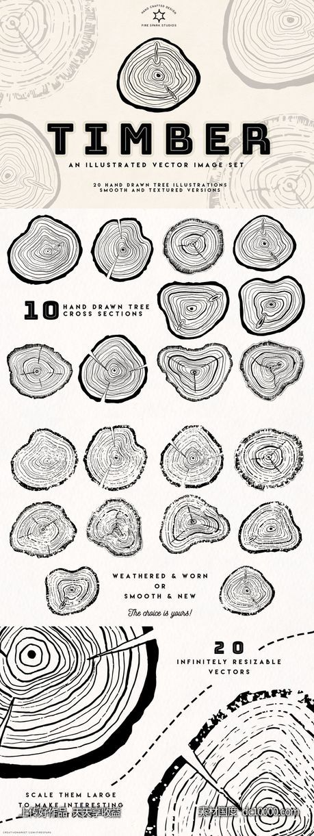 手绘树木年轮矢量图像合集 Timber ndash Hand Drawn Vector Image Set-源文件-素材国度dc10000.com