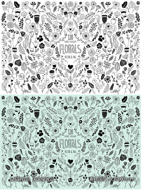 120款美丽的手绘花卉设计元素 120 Hand Drawn Florals Vector  PNG-源文件-素材国度dc10000.com