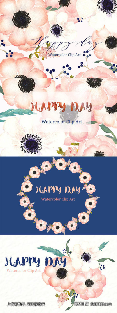 柔和粉彩矢量手绘海葵插画 Anemones Apricot. Watercolor flowers-源文件-素材国度dc10000.com