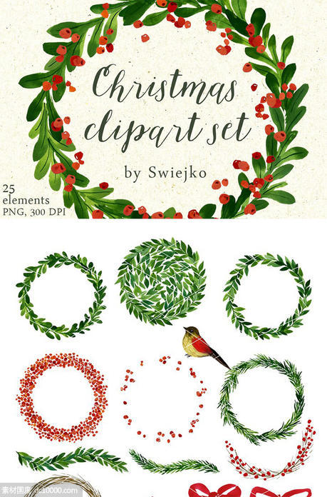 手绘水彩圣诞元素花环剪贴画 Christmas wreaths clipart - 源文件
