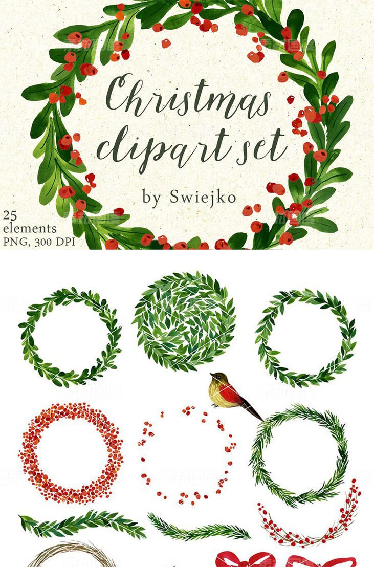 手绘水彩圣诞元素花环剪贴画 Christmas wreaths clipart