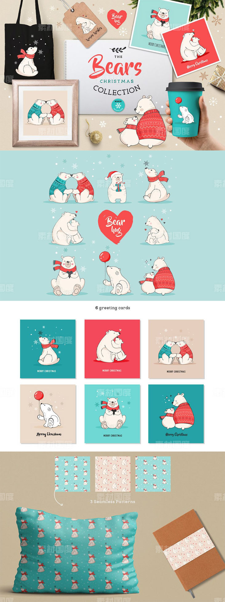 北极熊圣诞主题插画素材 Polar Bears Christmas illustrations