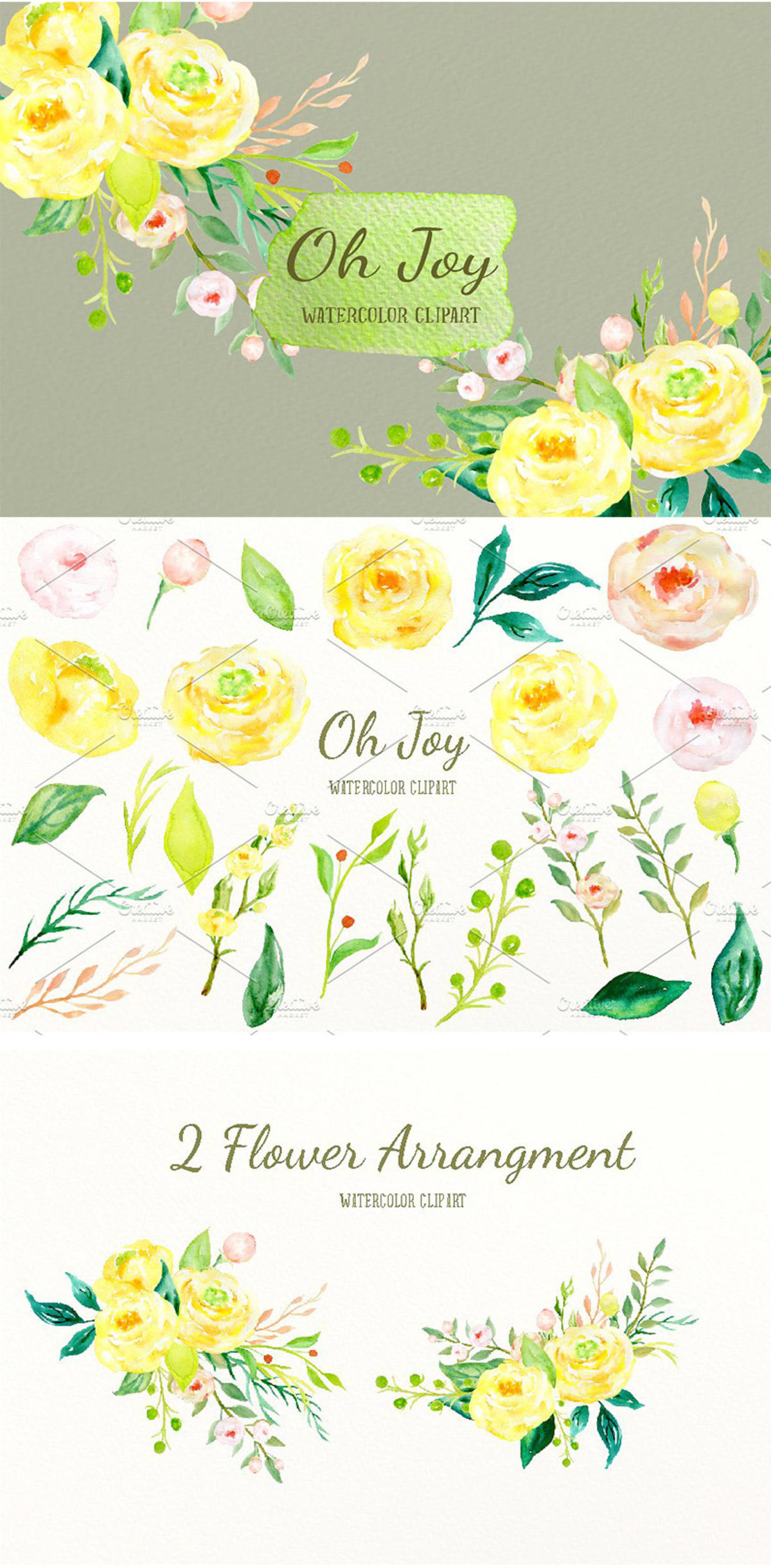 明亮水彩黄色玫瑰花剪贴画装饰 Watercolor Yellow Rose Oh Joy