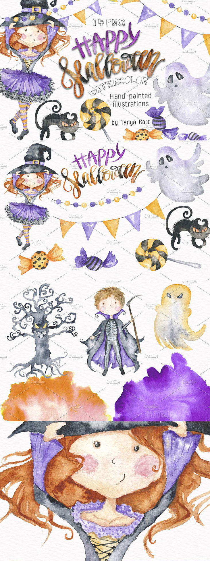手绘水彩万圣节聚会剪贴画 Halloween Party Watercolor Clipart
