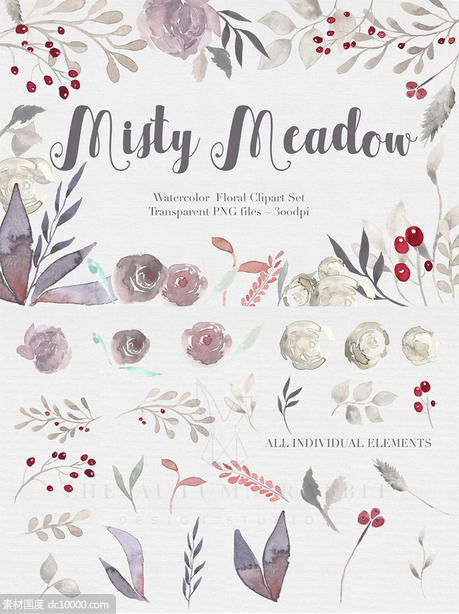 独特的手绘花卉树叶水彩图案 Misty Meadow Floral Clipart Set - 源文件