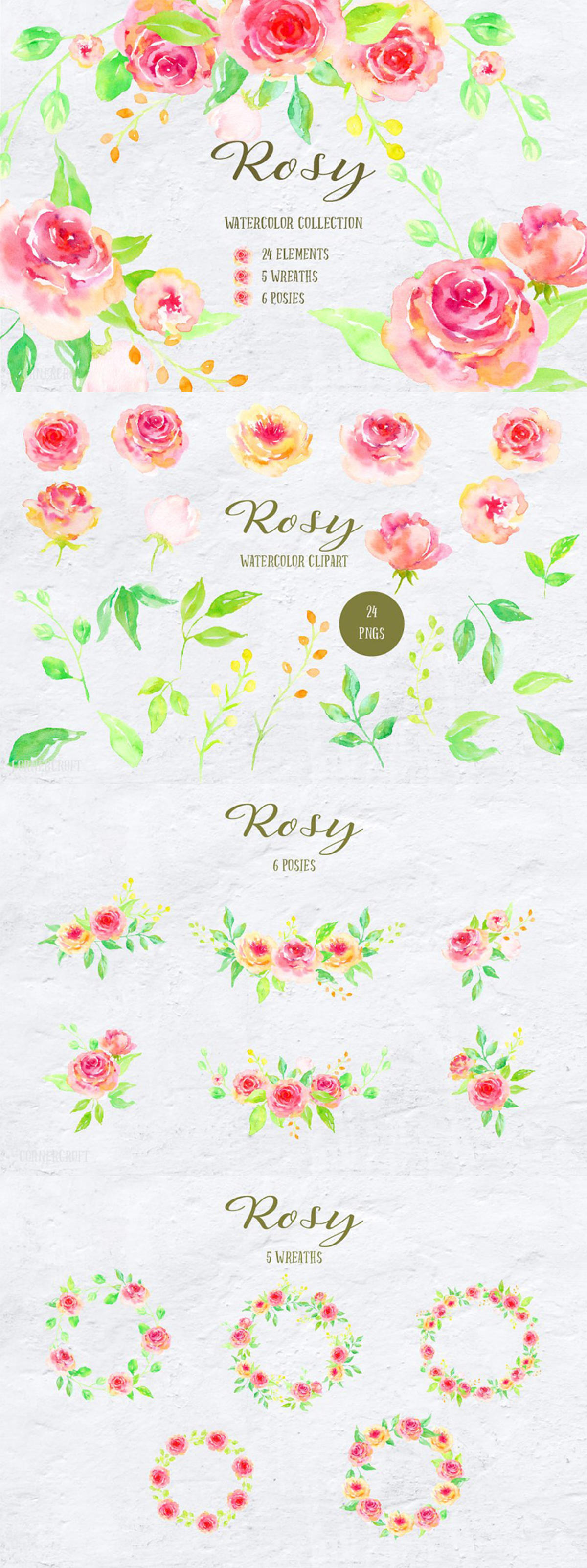 水彩手绘腮红粉装饰花卉元素 Watercolor Design Kit Rosy