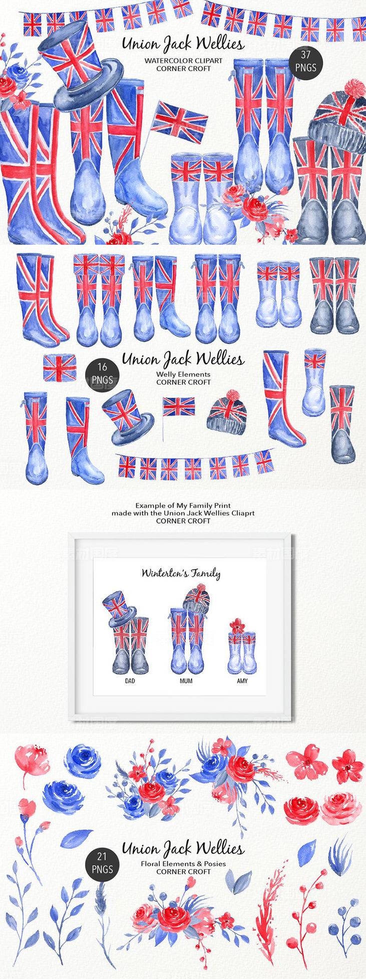 水彩英国国旗雨靴插图 Watercolour Union Jack Rain Boots