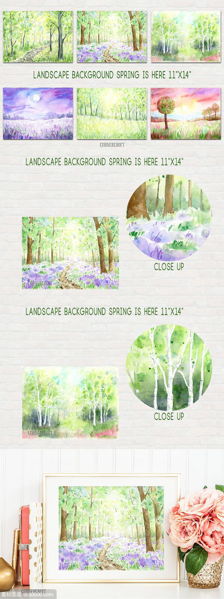 手绘春季山水水彩背景 Watercolour Landscape Print Spring - 源文件