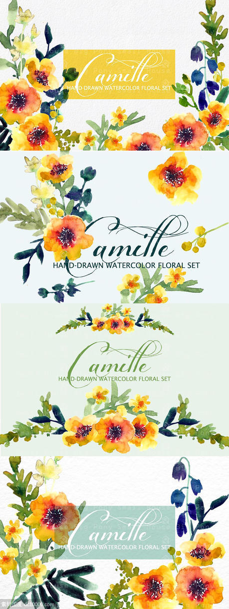 水彩阳光暖黄色花卉素材 Camille- Watercolor Clip Art Set - 源文件