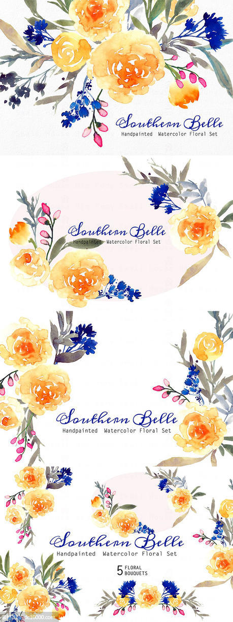 水彩手绘江南彩色花卉插画 Southern Belle ndash Watercolor Floral S - 源文件