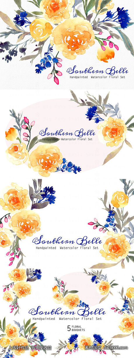 水彩手绘江南彩色花卉插画 Southern Belle ndash Watercolor Floral S-源文件-素材国度dc10000.com